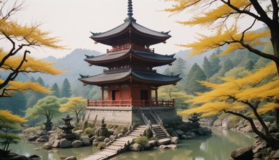 Japanese pagoda in autumn landscape
