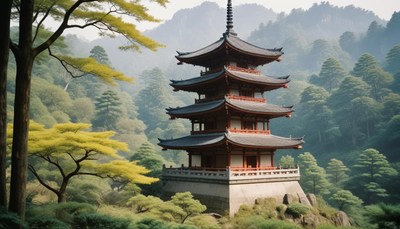 Japanese pagoda amidst green hills