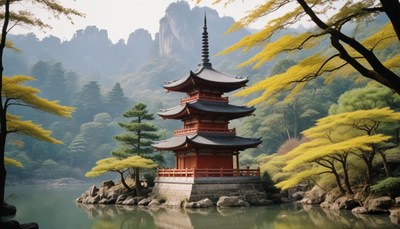 Pagoda by lake in mountainous landscape