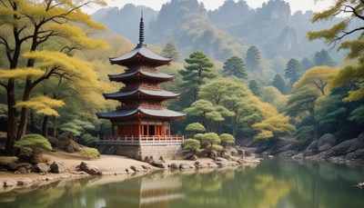 Pagoda by a lake in japan