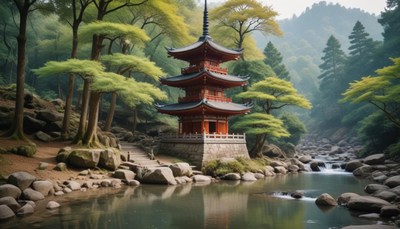 Pagoda by a river in japan