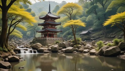 Japanese pagoda and stream