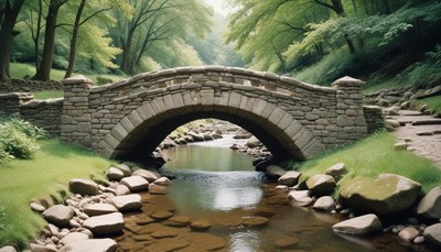 Stone bridge over creek in forest