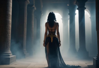 Woman walking through ancient temple