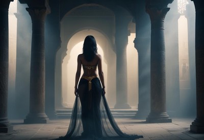 Woman walking through ancient hallway