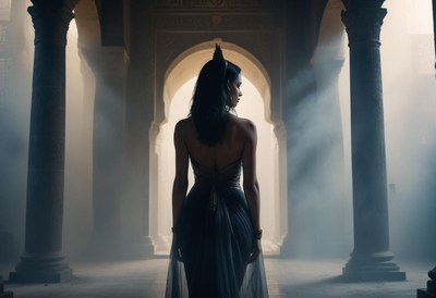 Woman walking through ancient archway