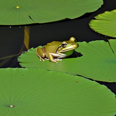 Green frog on lily pad