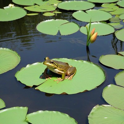 Green frog on lily pad