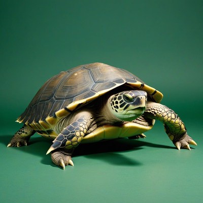 Green sea turtle walking on green background