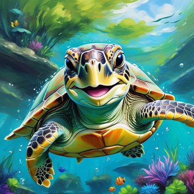 Smiling sea turtle underwater