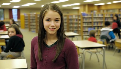 Girl smiling in school library