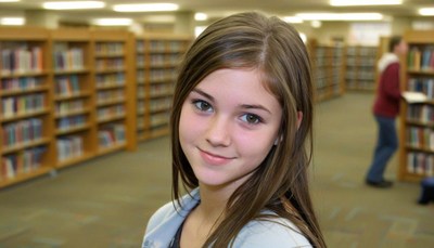 Girl smiling in a library