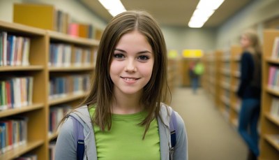 Girl smiling in library aisle