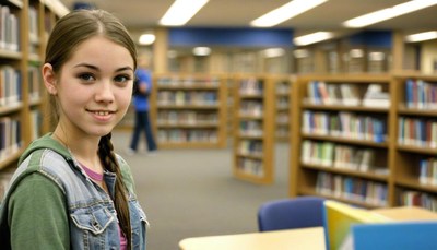 Girl smiling in library