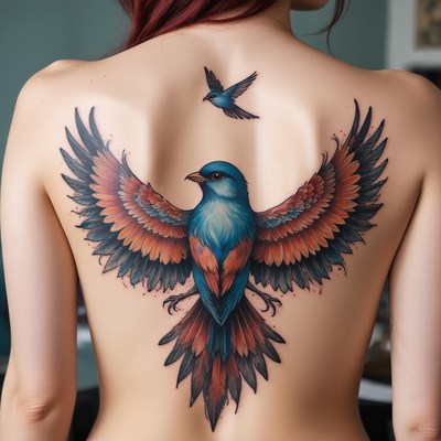 Blue bird back tattoo