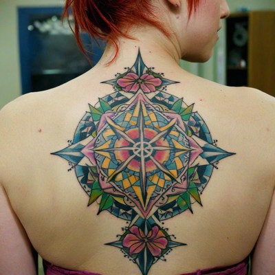 Colorful compass tattoo on woman's back