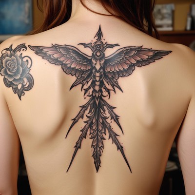Woman with large phoenix tattoo on back