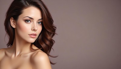 Woman with long brown hair posing against a grey background
