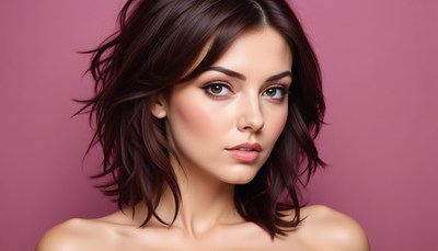 Woman with brown hair posing against pink background