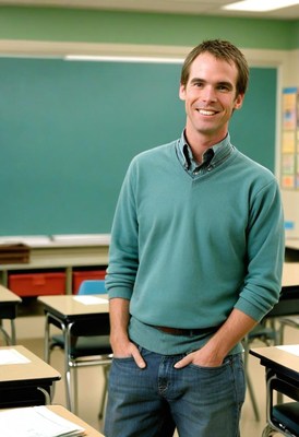 Male teacher smiling in classroom