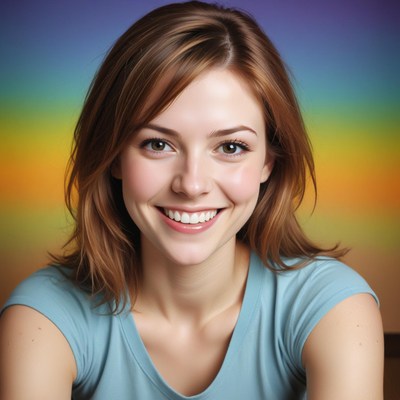 Woman smiling in blue shirt against rainbow background