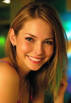Woman smiling at camera with green eyes