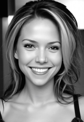 Woman smiling with blonde highlights