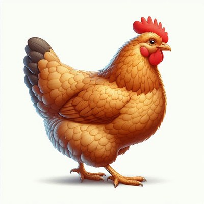 Golden hen standing on white background