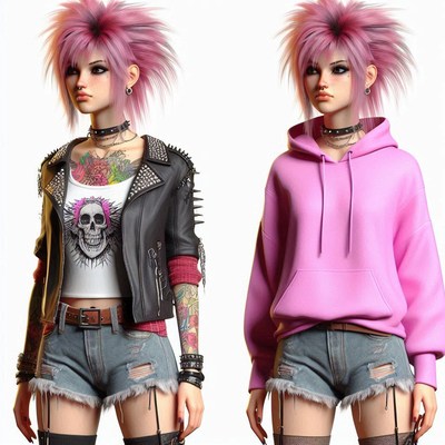 Pink haired woman in two outfits