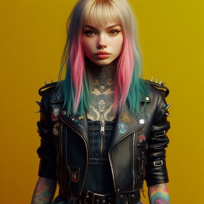 Woman with pink and teal hair in leather jacket