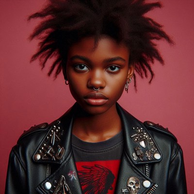 Woman in leather jacket against red background