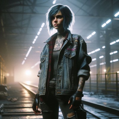 Woman in denim jacket on train tracks