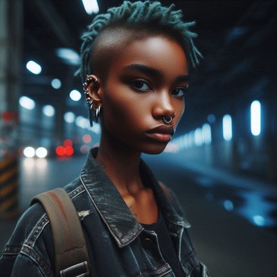 Woman with blue dreads in underground parking lot
