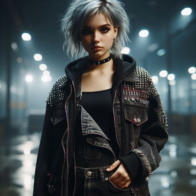 Woman in spiked jacket at night