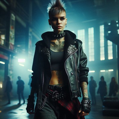 Punk woman walking in urban setting