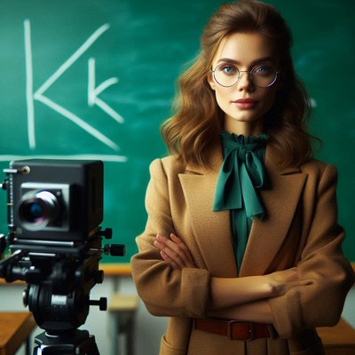 Woman in glasses stands before camera in classroom