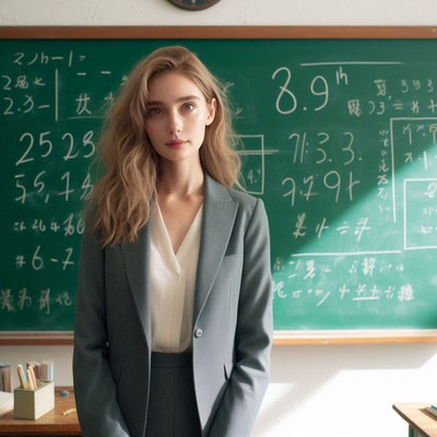 Woman in green blazer standing in front of a chalkboard