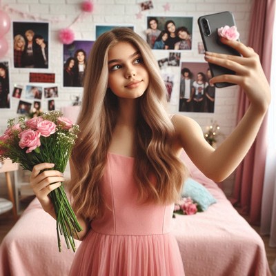 Young woman taking a selfie in pink dress