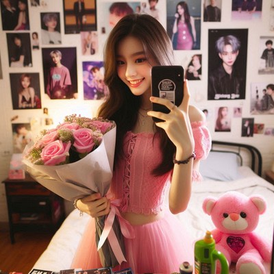 Woman taking selfie with flowers and teddy bear