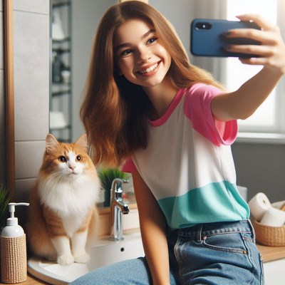 Woman taking selfie with cat in bathroom