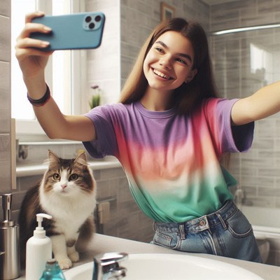 Girl taking selfie with cat in bathroom