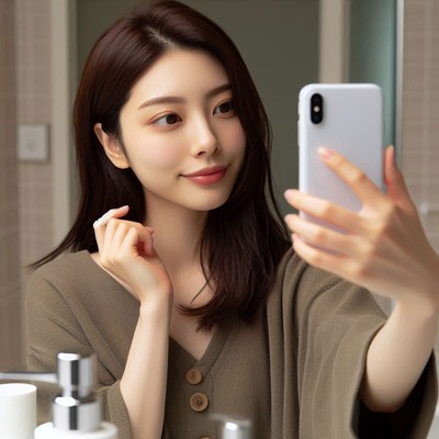 Woman taking selfie in bathroom