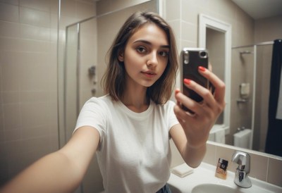 Woman taking selfie in bathroom