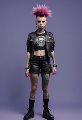 Woman with pink hair in leather jacket