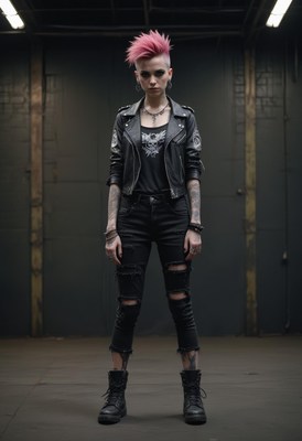 Woman with pink hair standing in a garage