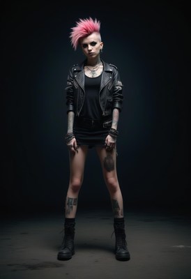 Woman with pink hair posing in a studio