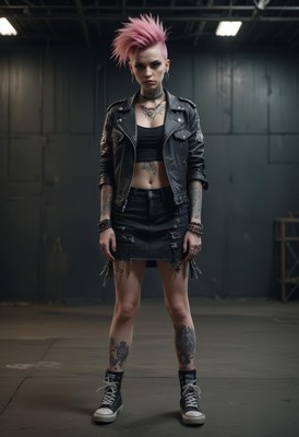 Woman with pink hair in industrial setting