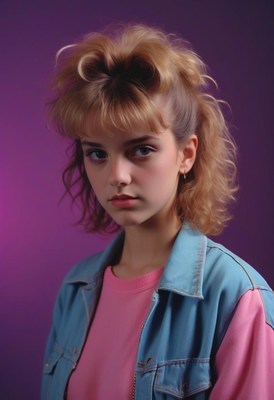 Woman with 80s hairstyle against purple background