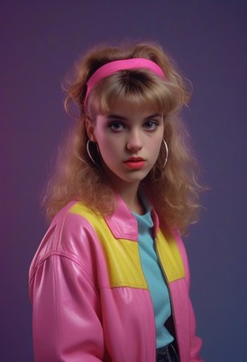 Woman in pink 80s jacket with headband