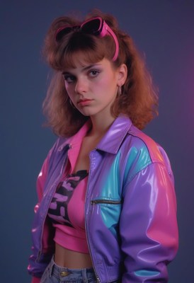 Woman in 80s fashion with pink sunglasses